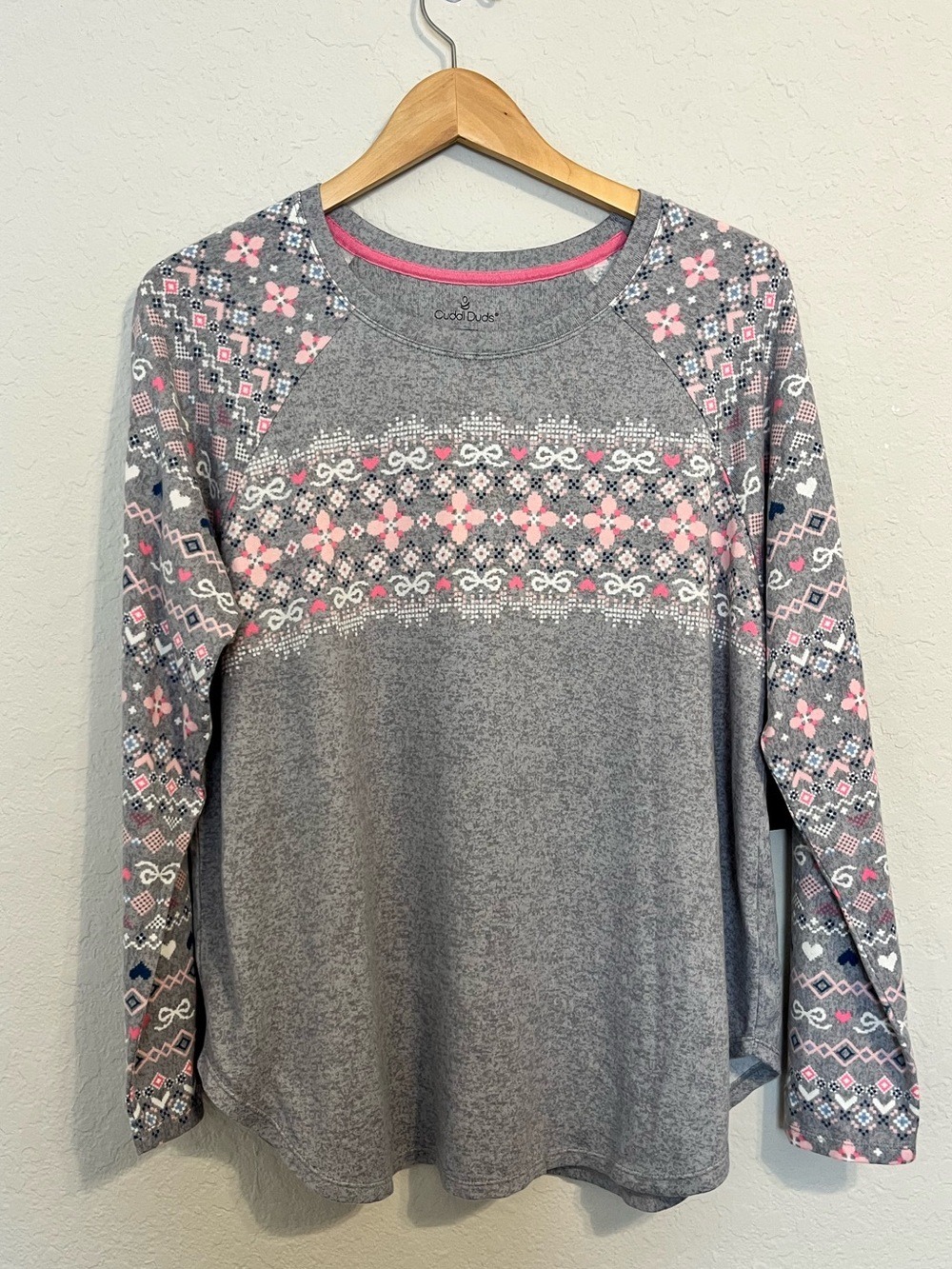 Cuddl Duds Fair Isle Sleep Top Large Gray Pink Long Sleeve Cozy Pajama Lounge